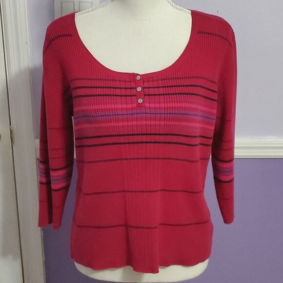 St. John's Bay Retro 90s Fuschia Striped 3/4 Sleeve Ribbed Knit Sweater Top - Picture 1 of 7